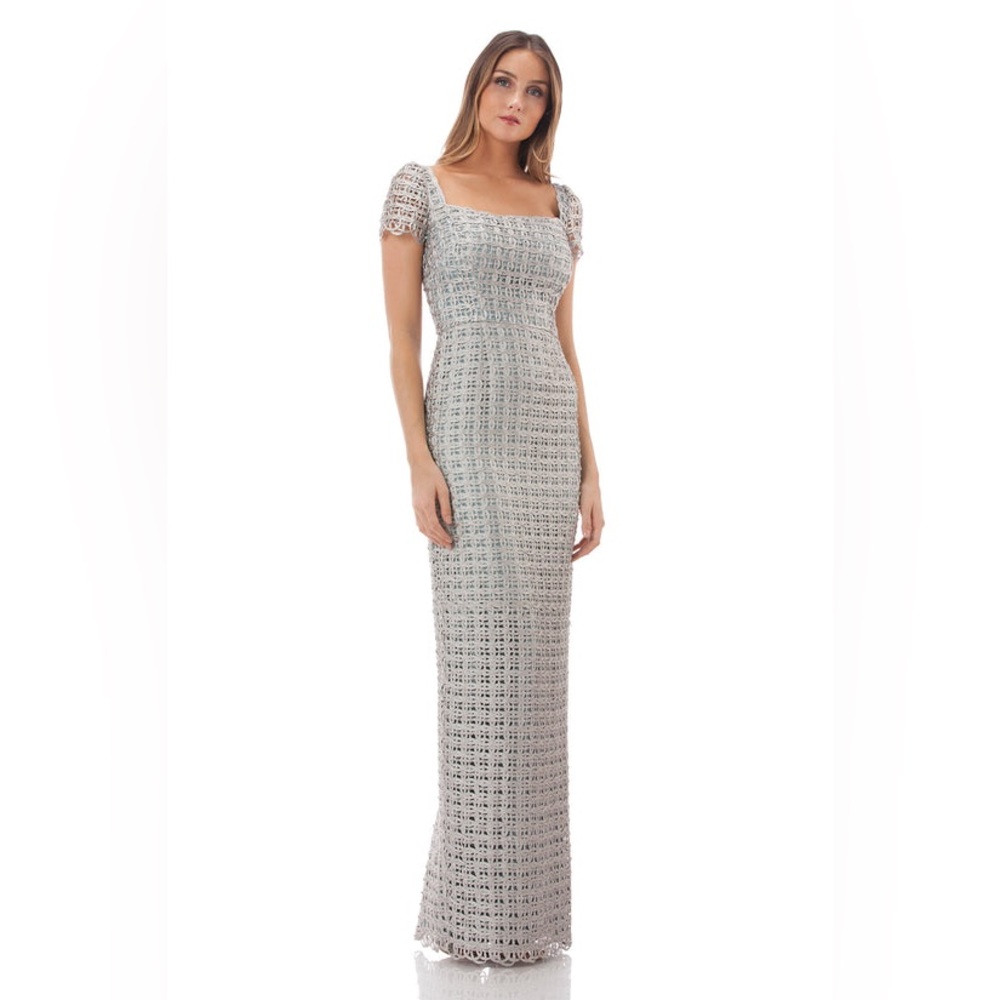 NWT JS Collections Macrame‎ Square Neck Gown - Silver Size 12